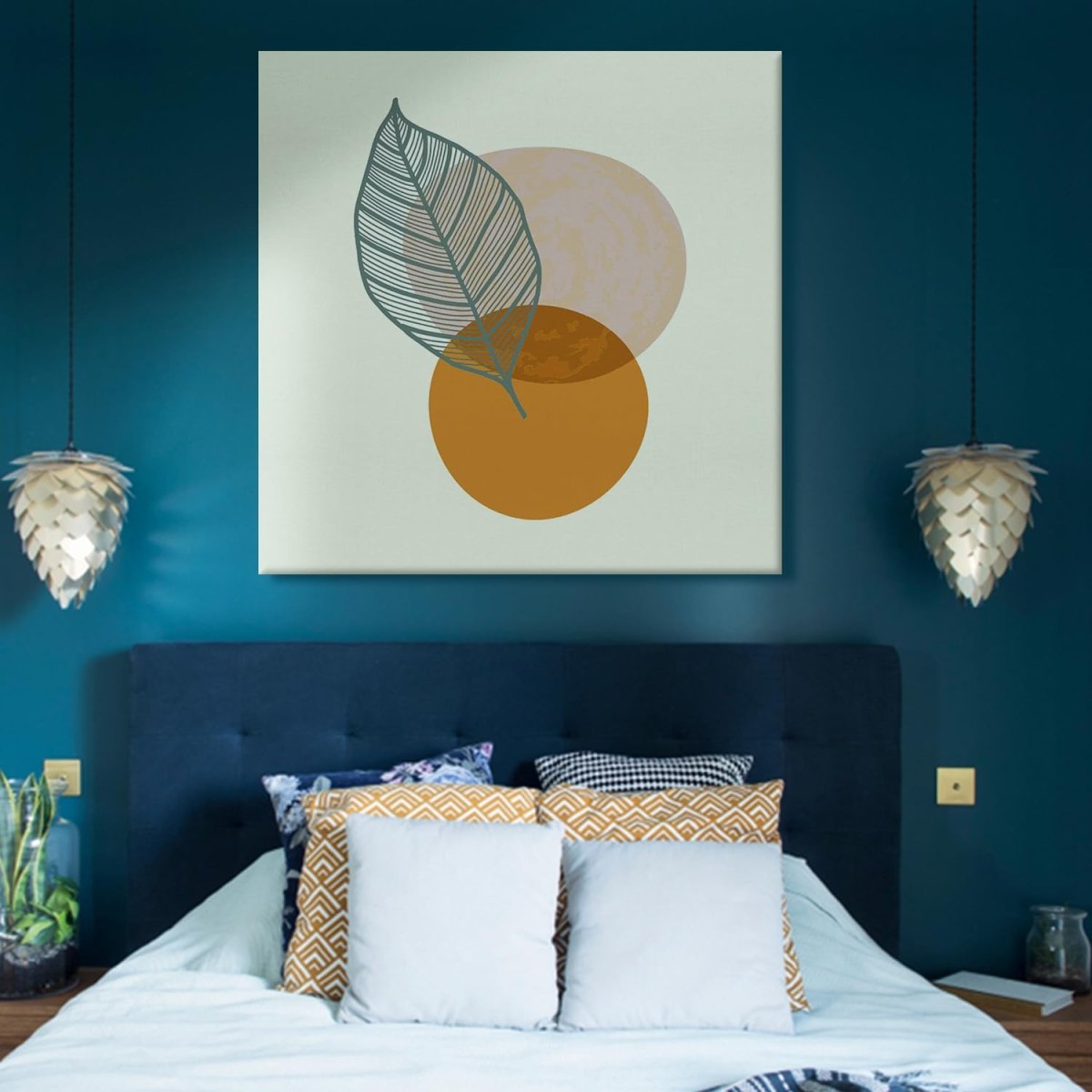 Solitary Leaf and Azure Orbs Canvas Wall Painting (36 x 36 Inches)