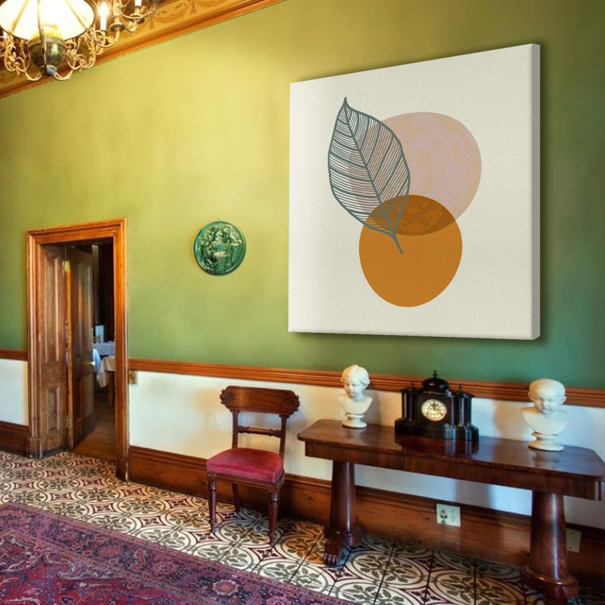 Solitary Leaf and Azure Orbs Canvas Wall Painting (36 x 36 Inches)