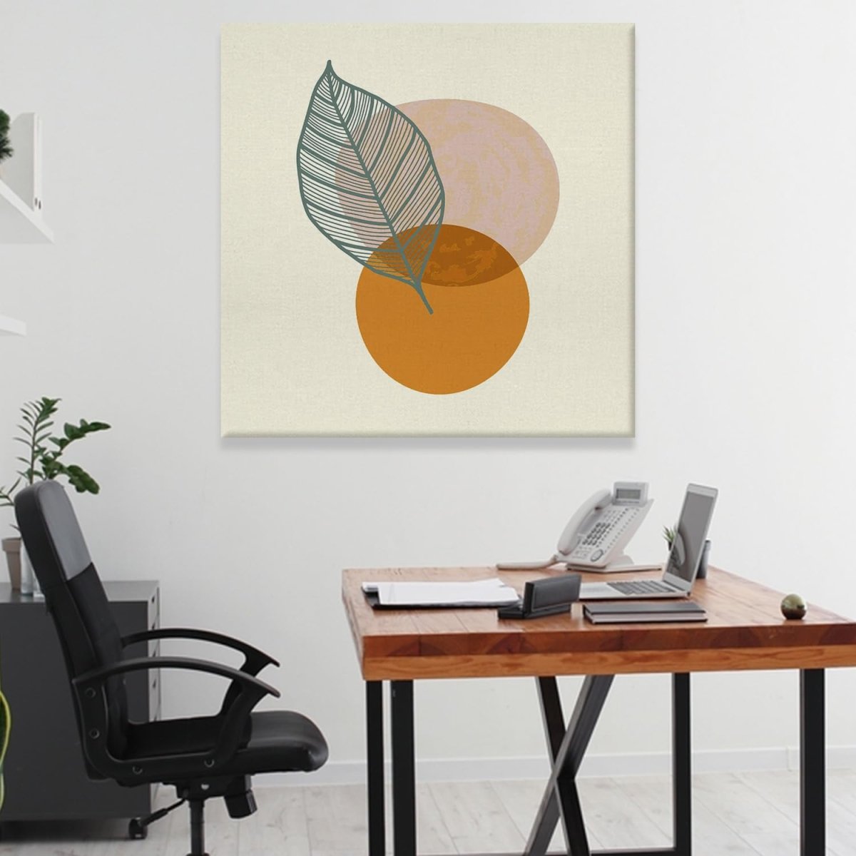 Solitary Leaf and Azure Orbs Canvas Wall Painting (36 x 36 Inches)