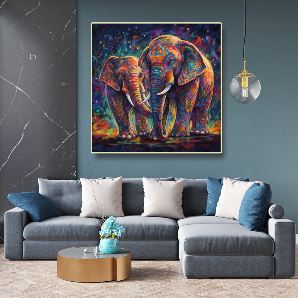 The Bond Canvas Painting of Two Magnificent Elephants (36 x 36 Inches)