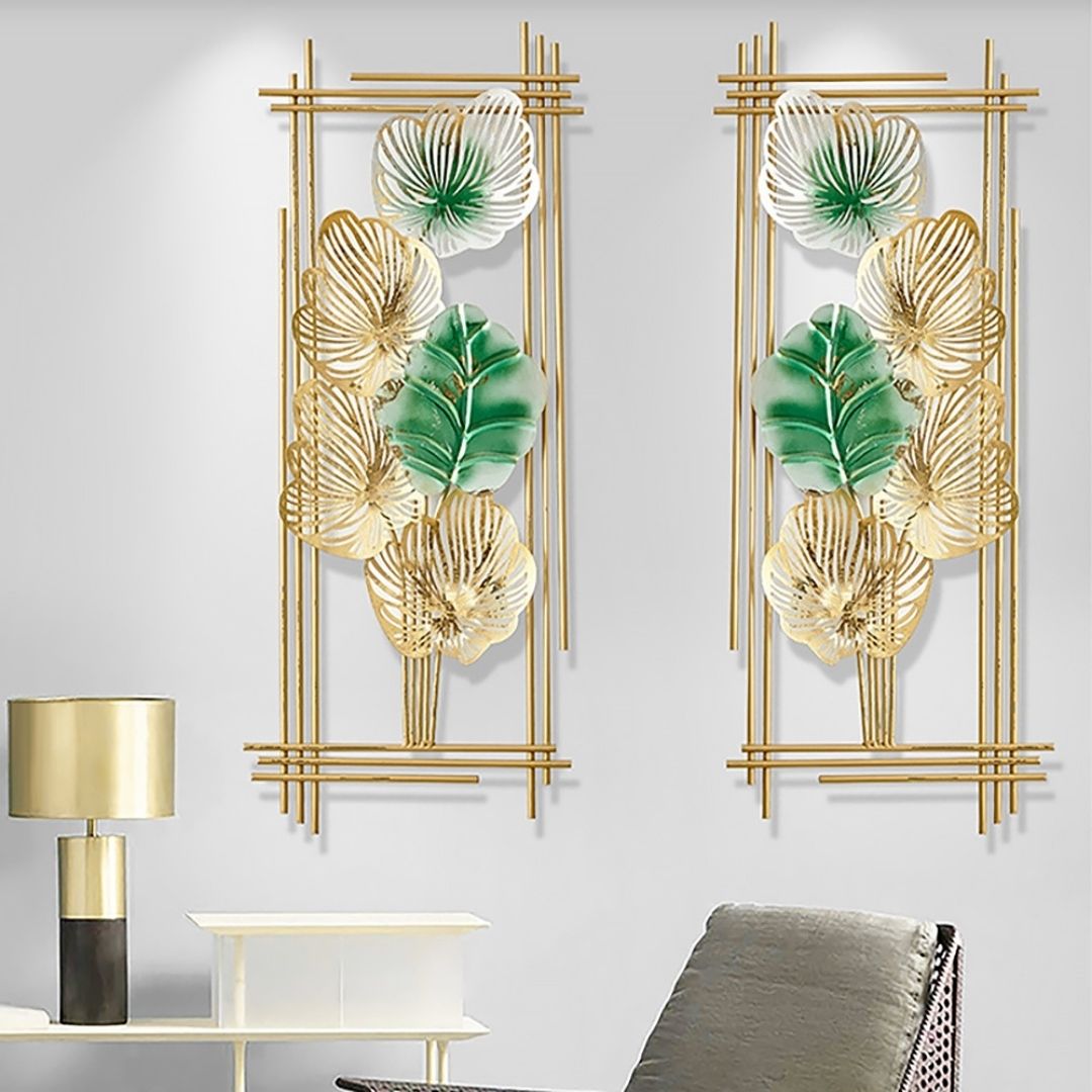 The Metallic Framed Gold and green plant wall art (15 x 30 Inches each)