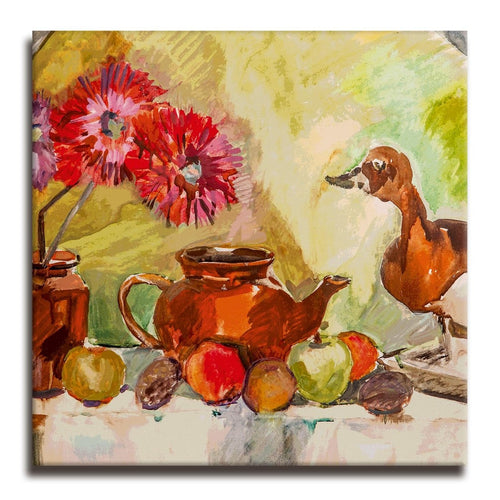 The Teapot and the Duck Canvas Wall Painting (36 x 36 Inches)
