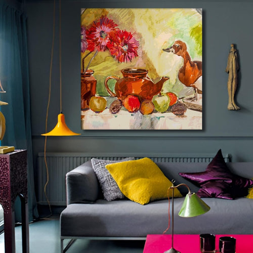 The Teapot and the Duck Canvas Wall Painting (36 x 36 Inches)