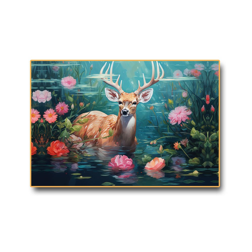 Tranquil Reflections: Swamp Deer in the Flowered Pond Canvas Wall Art (36 x 24 Inches)