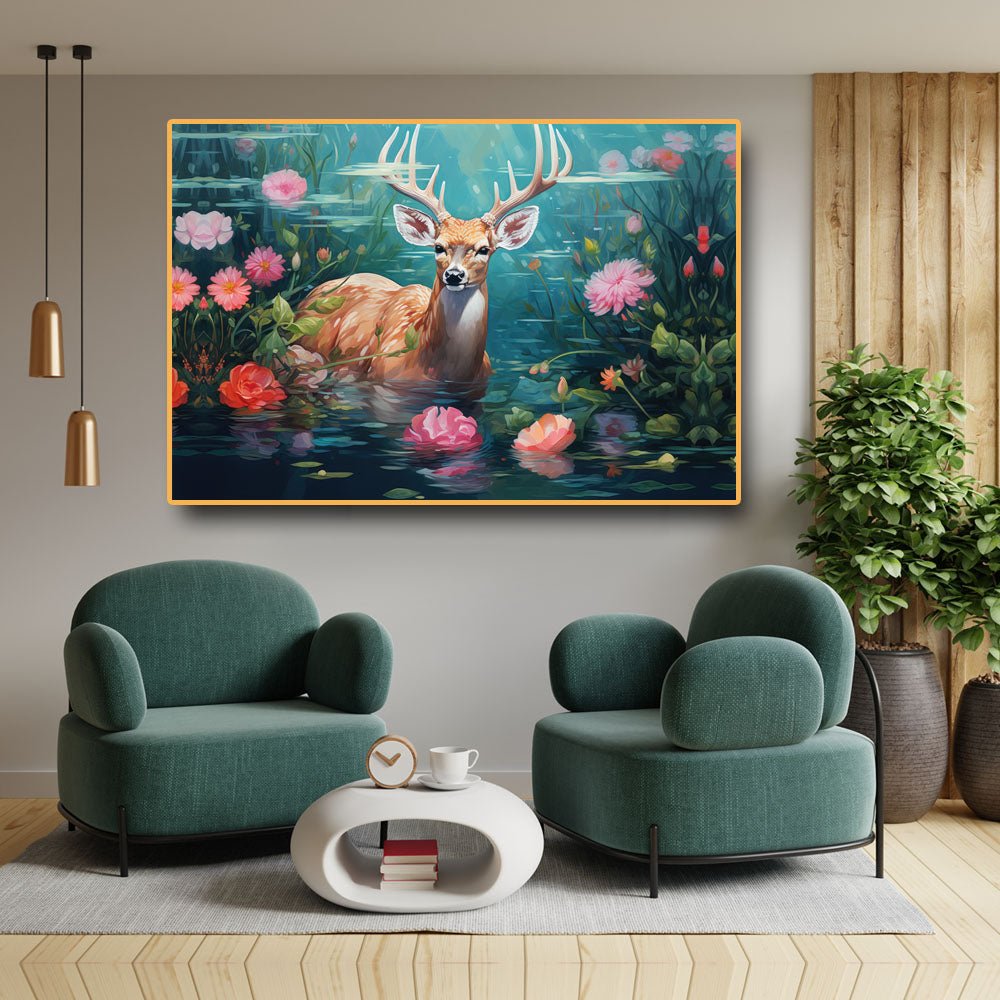 Tranquil Reflections: Swamp Deer in the Flowered Pond Canvas Wall Art (36 x 24 Inches)