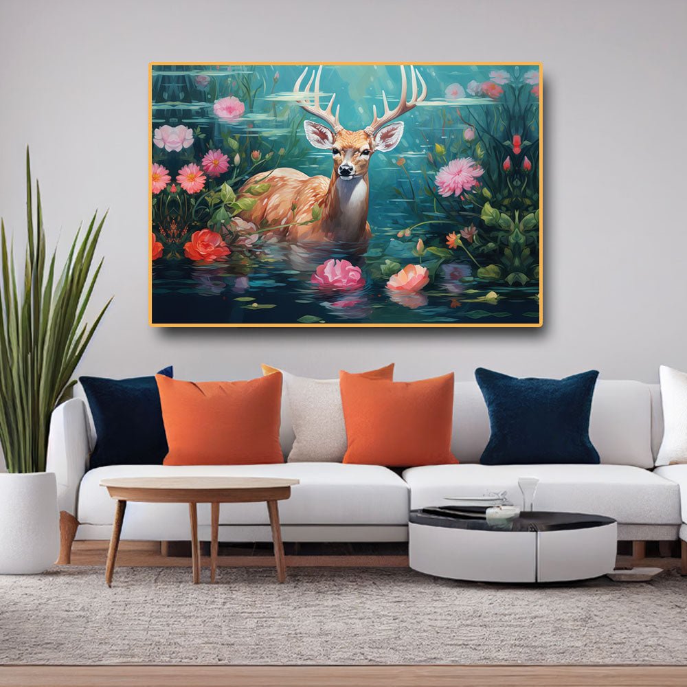 Tranquil Reflections: Swamp Deer in the Flowered Pond Canvas Wall Art (36 x 24 Inches)