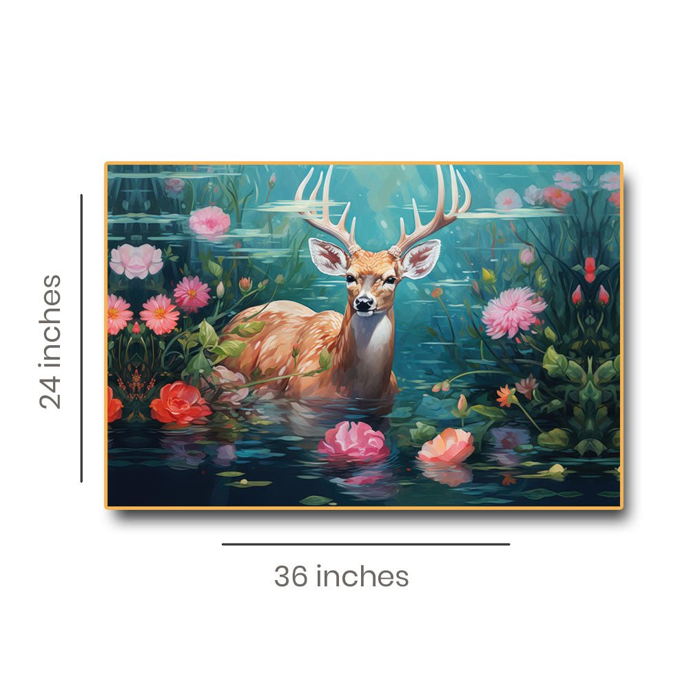 Tranquil Reflections: Swamp Deer in the Flowered Pond Canvas Wall Art (36 x 24 Inches)