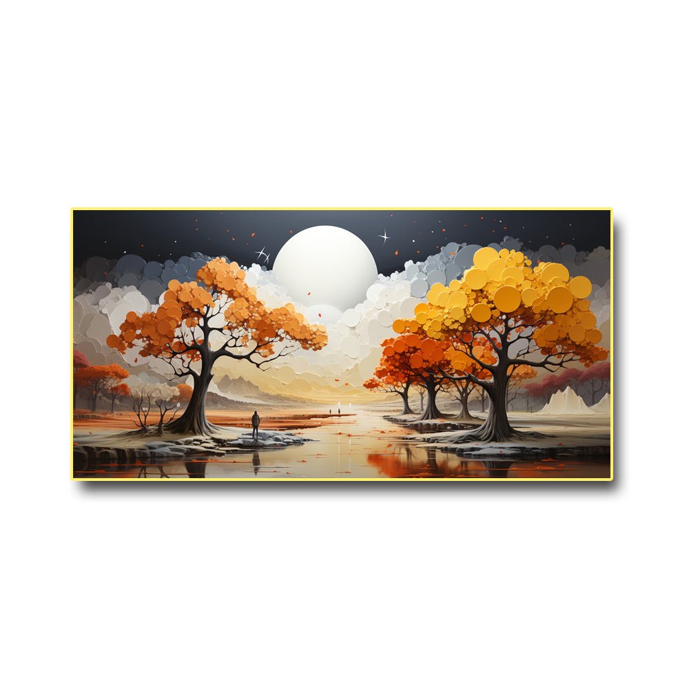 Unique Nature Wall Art Abstract Canvas Painting with Golden Trees and Moon (48 x 24 Inches)