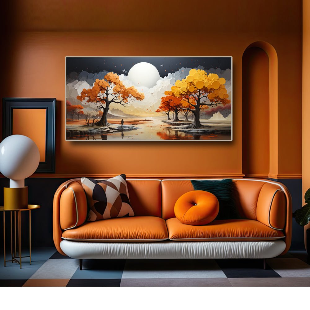 Unique Nature Wall Art Abstract Canvas Painting with Golden Trees and Moon (48 x 24 Inches)