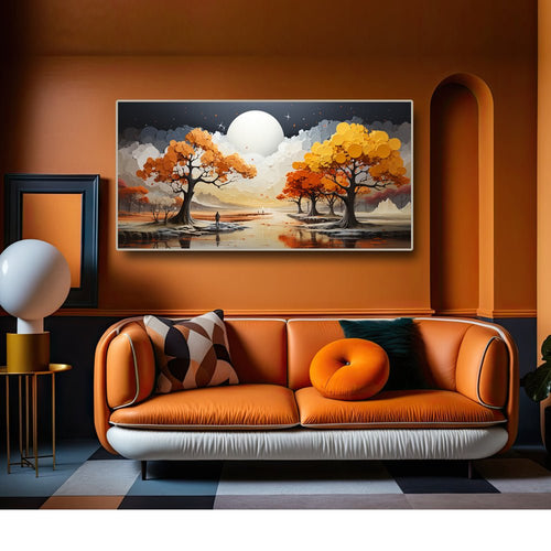 Unique Nature Wall Art Abstract Canvas Painting with Golden Trees and Moon (48 x 24 Inches)