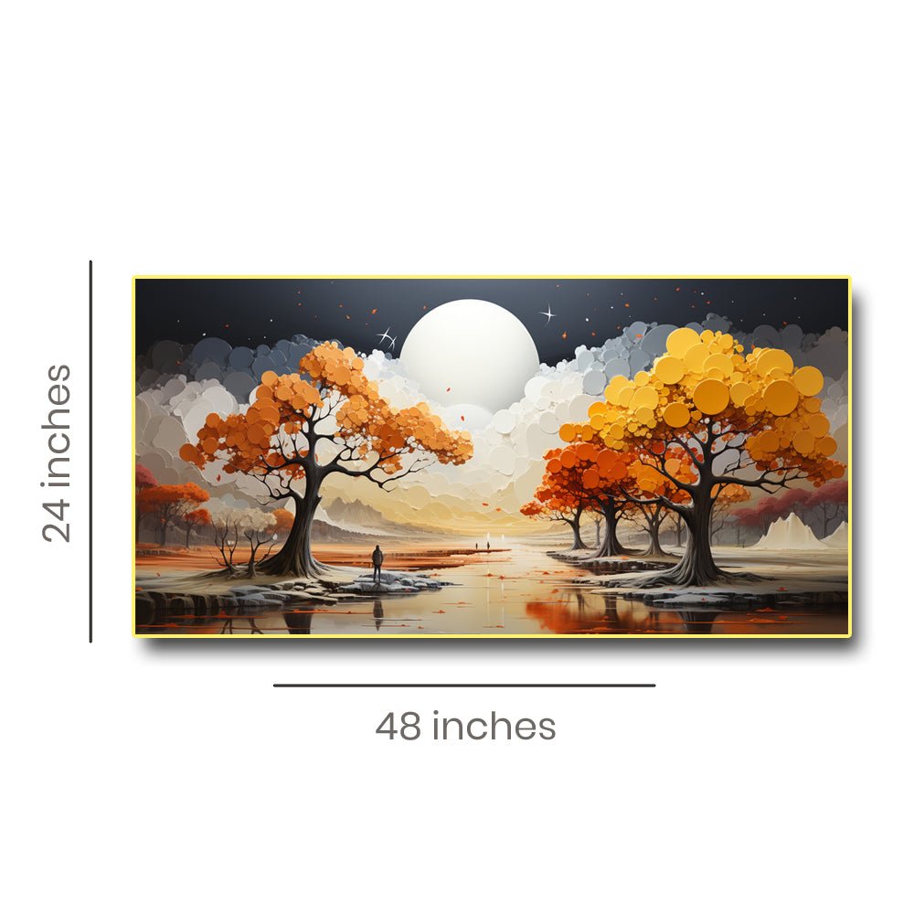 Unique Nature Wall Art Abstract Canvas Painting with Golden Trees and Moon (48 x 24 Inches)