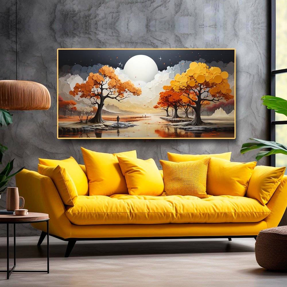 Unique Nature Wall Art Abstract Canvas Painting with Golden Trees and Moon (48 x 24 Inches)