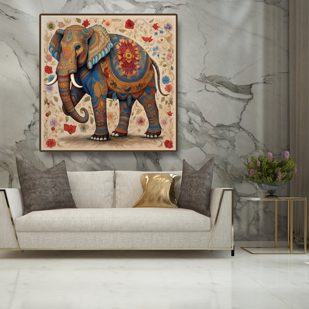 Vibrant Stride Canvas Painting of a Beautiful Multicolor Elephant (36 x 36 Inches)